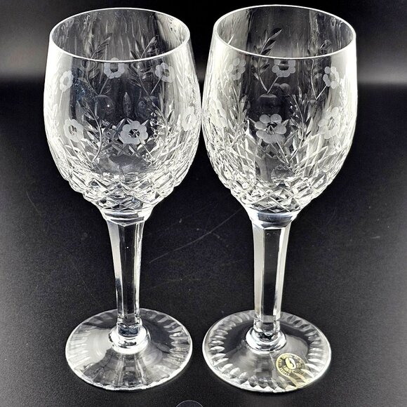 2) Fine Etched Floral Cut Crystal Wine Cocktail Glasses 6 3/4" Yugoslavia 6oz - Picture 2 of 12